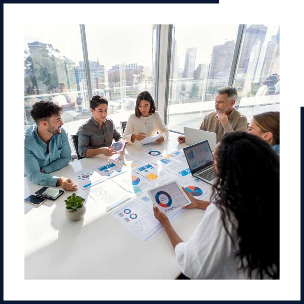 Team collaborating in bright office